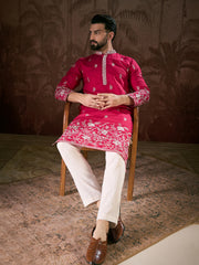 Ethnic Bay Men Pink Silk Blend Solid Embroidered Straight Kurta With Trouser-MKSET1943
