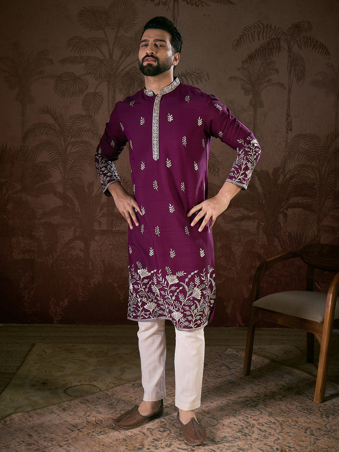 Ethnic Bay Men Purple Silk Blend Solid Embroidered Straight Kurta With Trouser