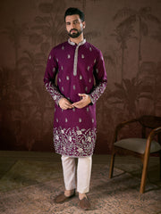 Ethnic Bay Men Purple Silk Blend Solid Embroidered Straight Kurta With Trouser-MKSET1944