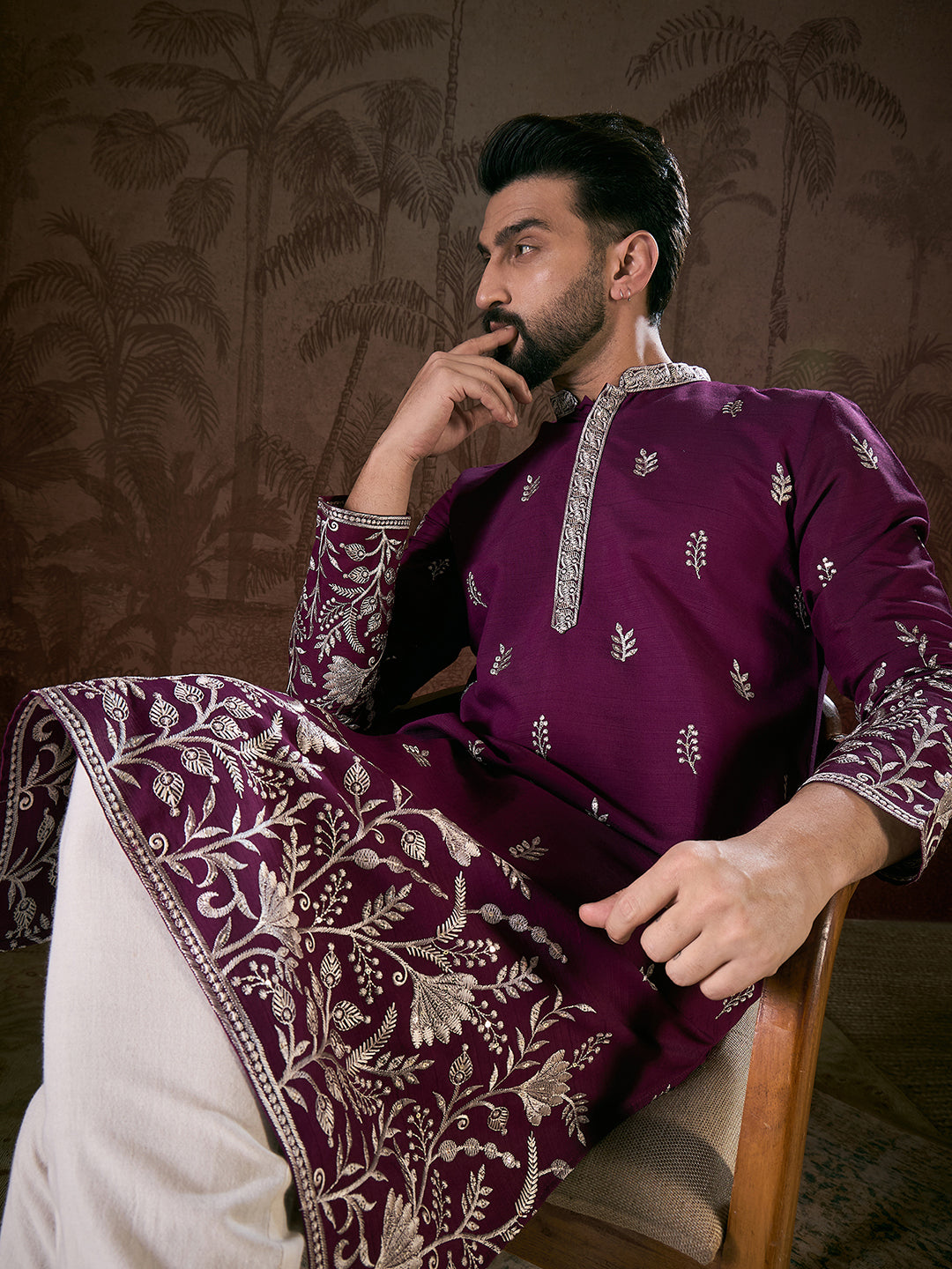 Ethnic Bay Men Purple Silk Blend Solid Embroidered Straight Kurta With Trouser