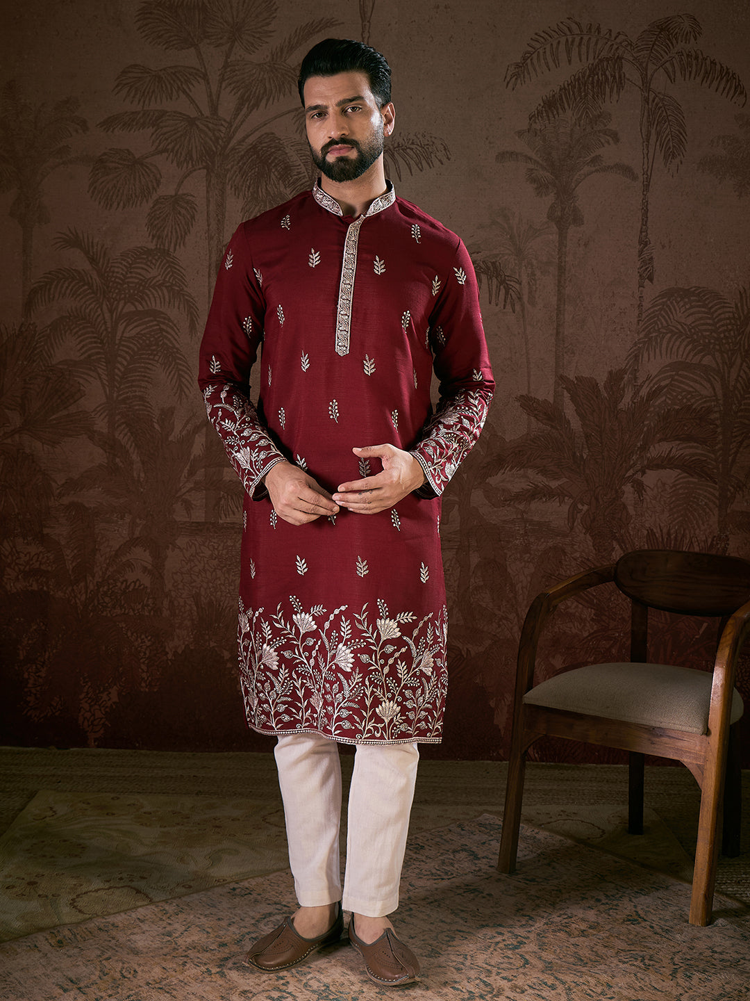 Ethnic Bay Men Maroon Silk Blend Solid Embroidered Straight Kurta With Trouser