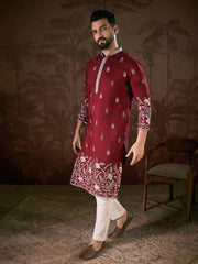 Ethnic Bay Men Maroon Silk Blend Solid Embroidered Straight Kurta With Trouser-MKSET1945