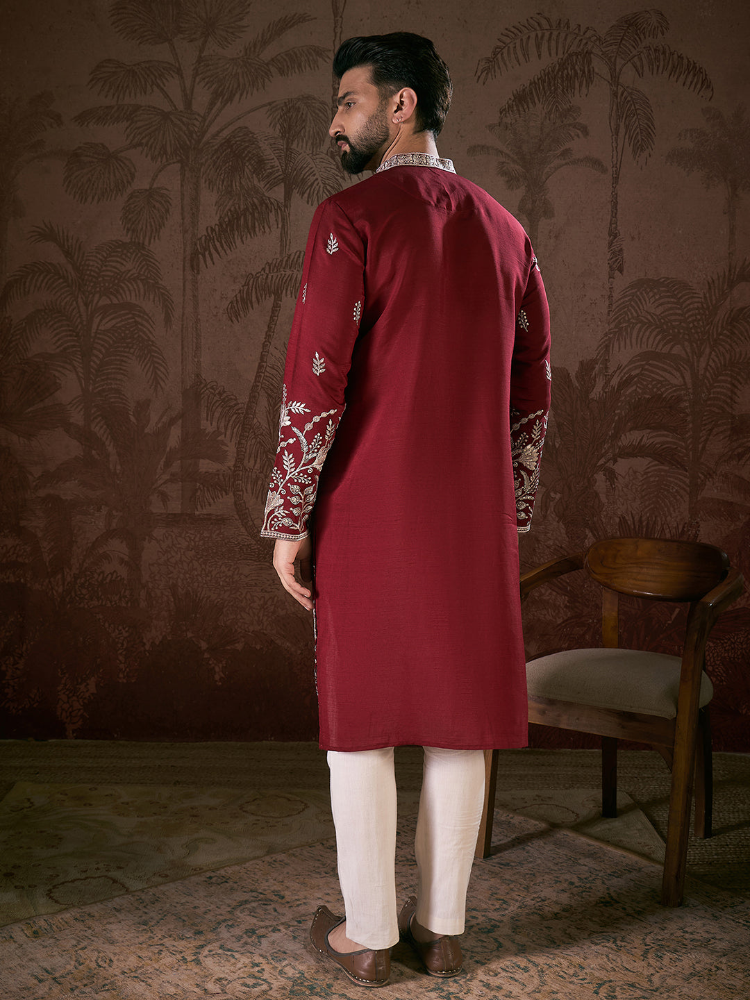 Ethnic Bay Men Maroon Silk Blend Solid Embroidered Straight Kurta With Trouser