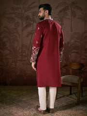 Ethnic Bay Men Maroon Silk Blend Solid Embroidered Straight Kurta With Trouser-MKSET1945