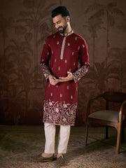 Ethnic Bay Men Maroon Silk Blend Solid Embroidered Straight Kurta With Trouser-MKSET1945
