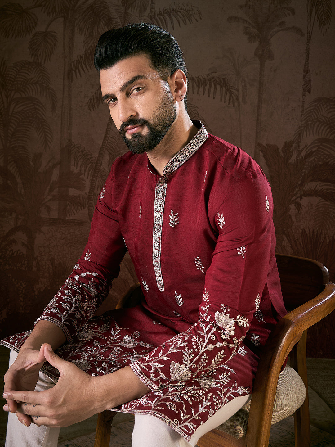 Ethnic Bay Men Maroon Silk Blend Solid Embroidered Straight Kurta With Trouser
