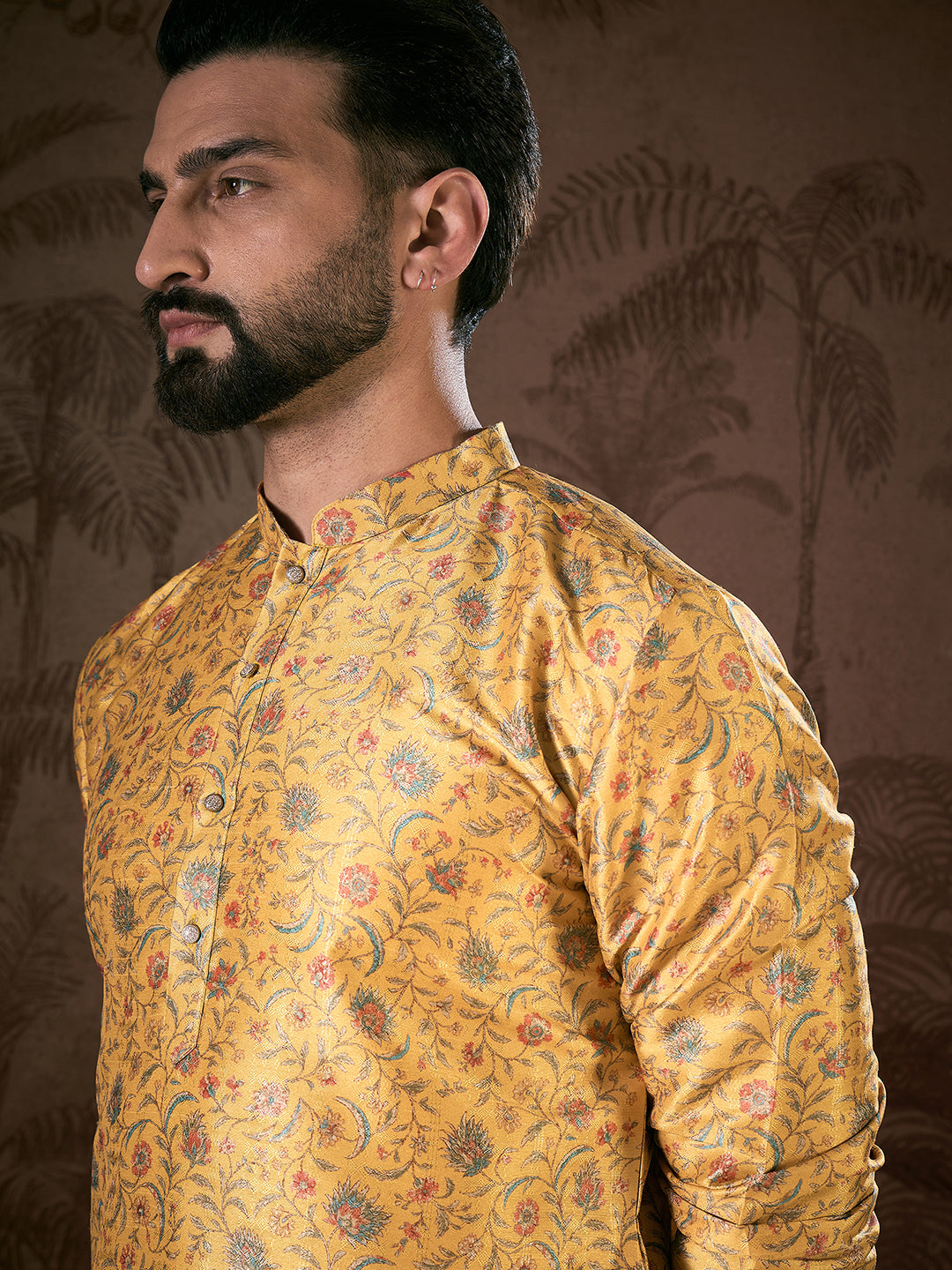 Ethnic Bay Men Yellow Silk Blend Floral Printed Straight Kurta With Trouser-MKSET1946