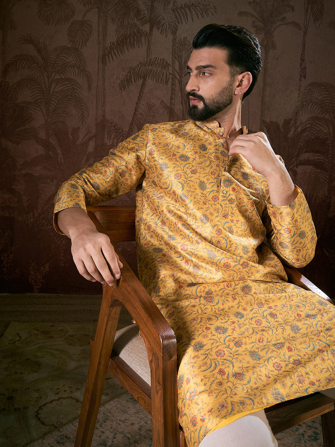 Ethnic Bay Men Yellow Silk Blend Floral Printed Straight Kurta With Trouser