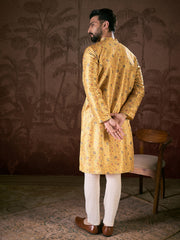 Ethnic Bay Men Yellow Silk Blend Floral Printed Straight Kurta With Trouser-MKSET1946