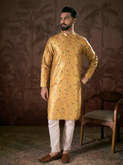 Ethnic Bay Men Yellow Silk Blend Floral Printed Straight Kurta With Trouser-MKSET1946