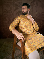 Ethnic Bay Men Yellow Silk Blend Floral Printed Straight Kurta With Trouser-MKSET1946