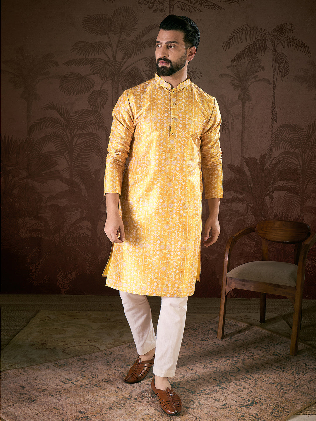 Ethnic Bay Men Yellow Silk Blend Floral Printed Straight Kurta With Trouser