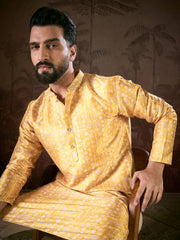 Ethnic Bay Men Yellow Silk Blend Floral Printed Straight Kurta With Trouser-MKSET1948
