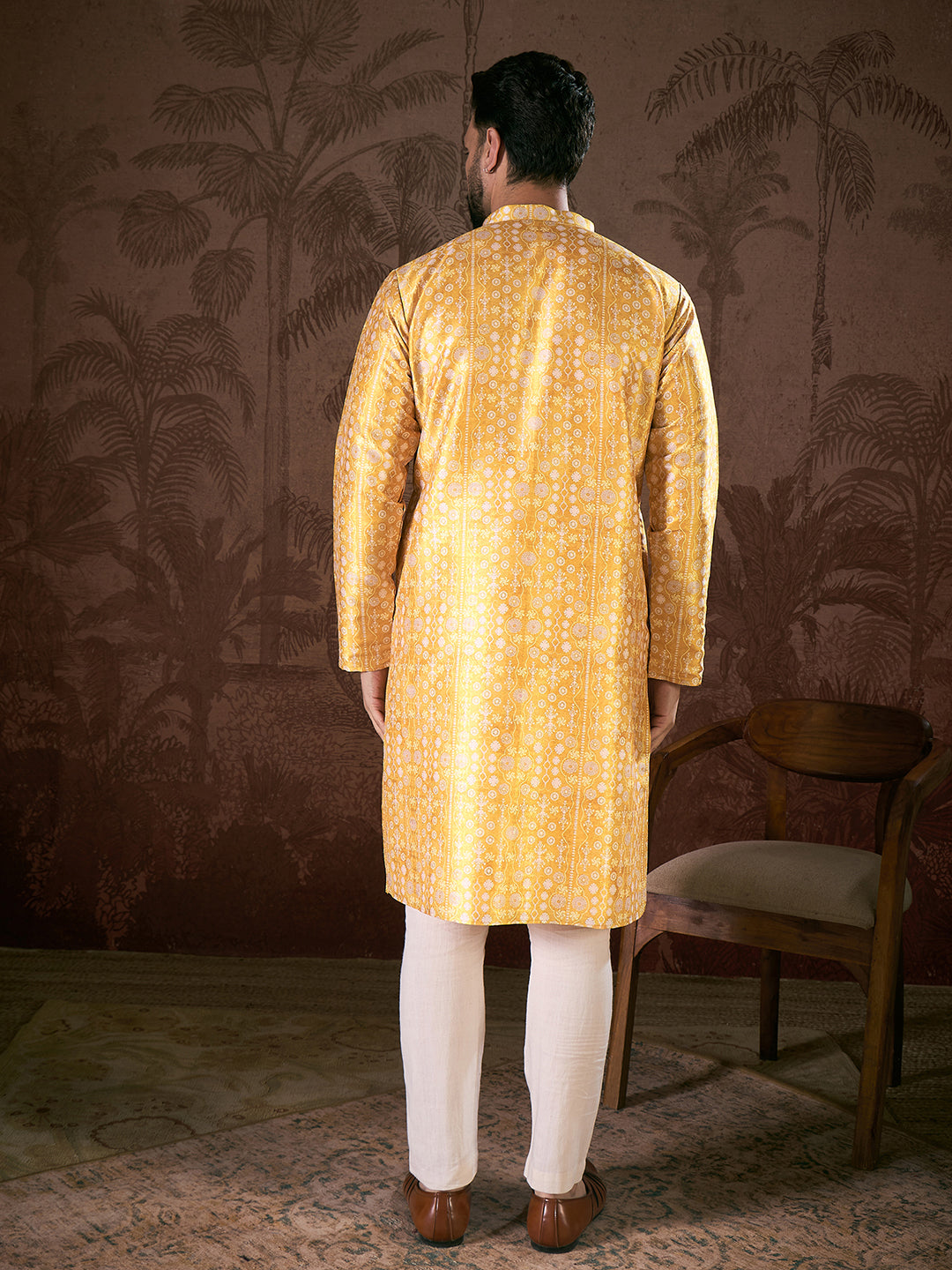 Ethnic Bay Men Yellow Silk Blend Floral Printed Straight Kurta With Trouser
