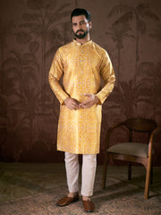 Ethnic Bay Men Yellow Silk Blend Floral Printed Straight Kurta With Trouser-MKSET1948