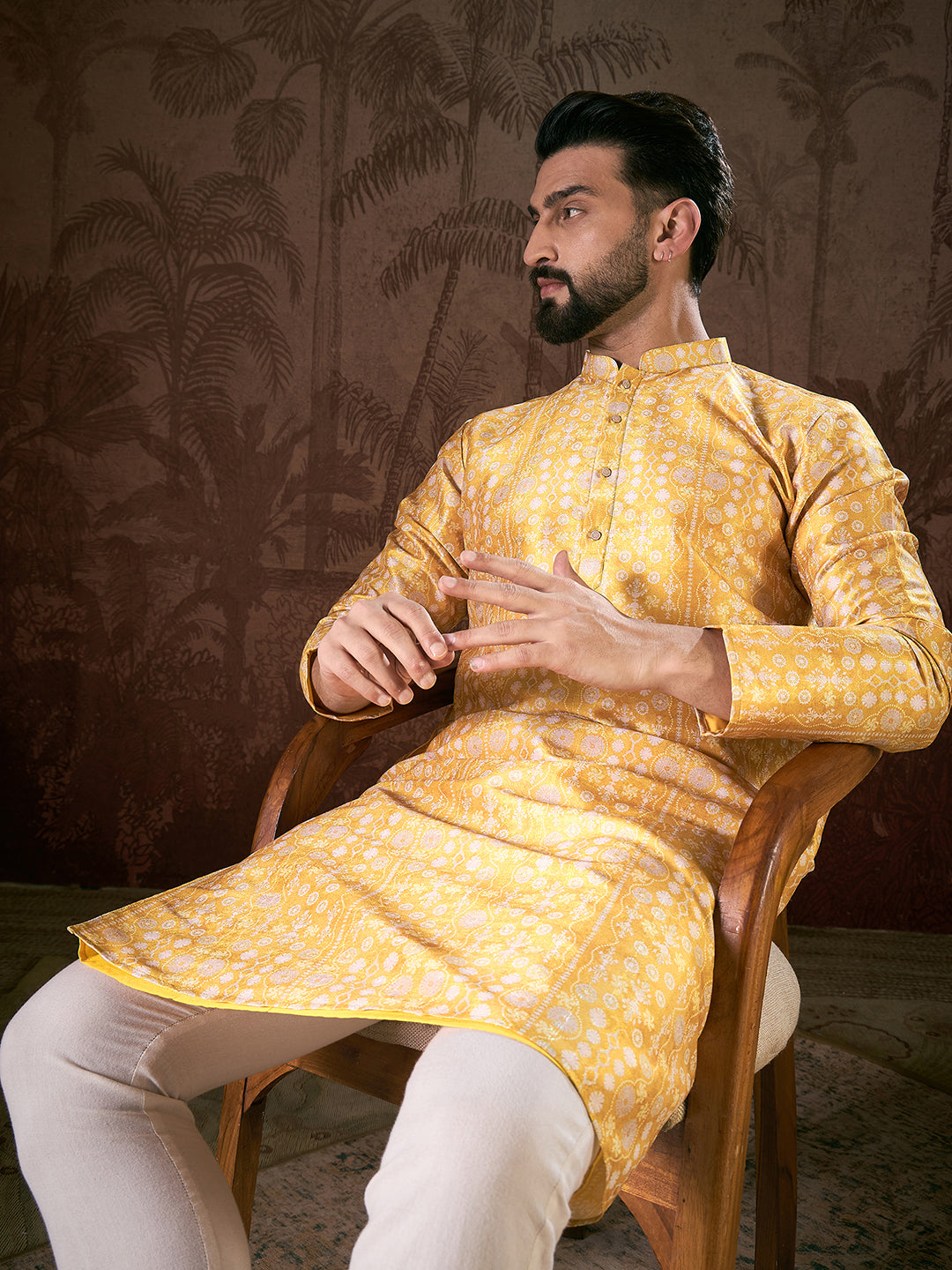 Ethnic Bay Men Yellow Silk Blend Floral Printed Straight Kurta With Trouser