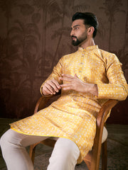 Ethnic Bay Men Yellow Silk Blend Floral Printed Straight Kurta With Trouser-MKSET1948