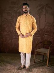 Ethnic Bay Men Yellow Silk Blend Ethnic Motifs Printed Straight Kurta With Trouser-MKSET1949