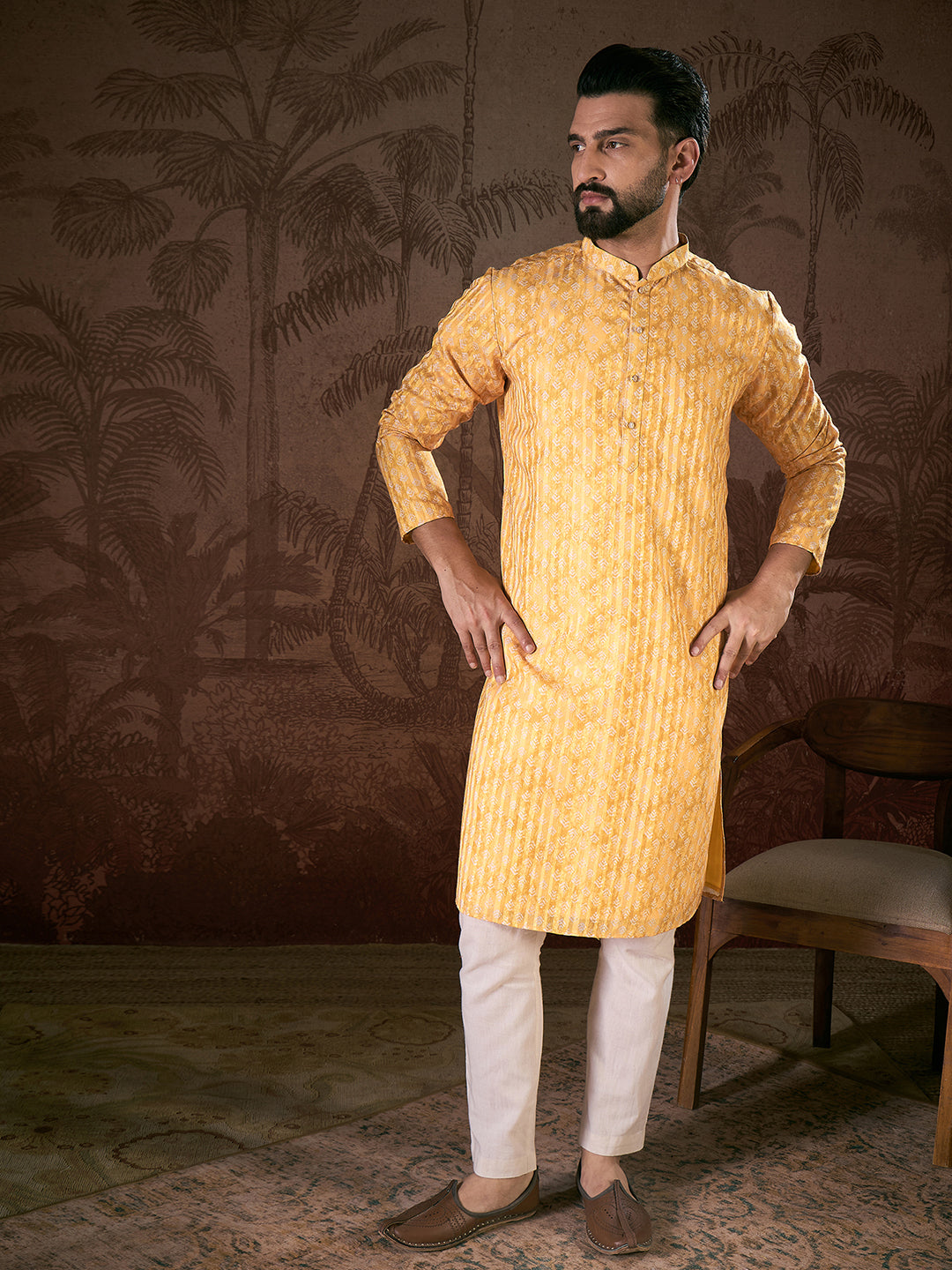 Ethnic Bay Men Yellow Silk Blend Ethnic Motifs Printed Straight Kurta With Trouser