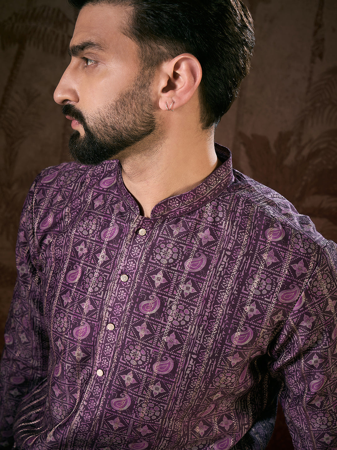 Ethnic Bay Men Purple Silk Blend Ethnic Motifs Printed Straight Kurta With Trouser-MKSET1950