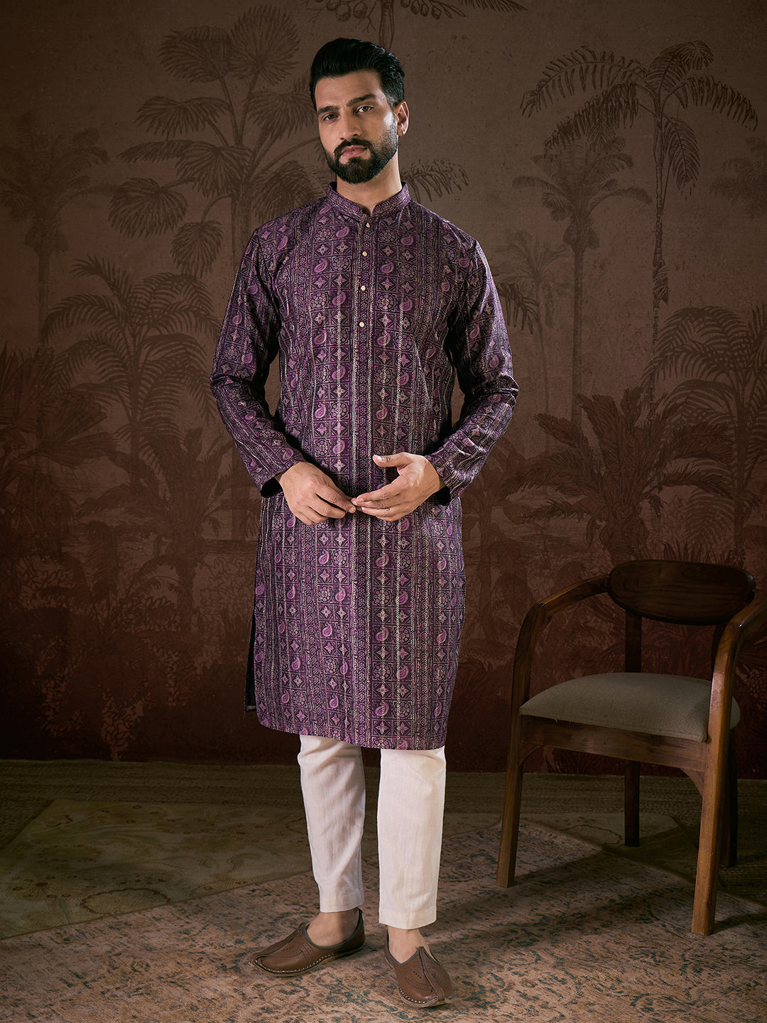 Ethnic Bay Men Purple Silk Blend Ethnic Motifs Printed Straight Kurta With Trouser