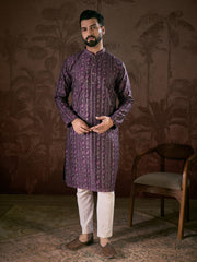 Ethnic Bay Men Purple Silk Blend Ethnic Motifs Printed Straight Kurta With Trouser-MKSET1950
