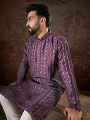 Ethnic Bay Men Purple Silk Blend Ethnic Motifs Printed Straight Kurta With Trouser-MKSET1950