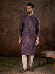Ethnic Bay Men Purple Silk Blend Ethnic Motifs Printed Straight Kurta With Trouser-MKSET1950