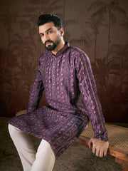Ethnic Bay Men Purple Silk Blend Ethnic Motifs Printed Straight Kurta With Trouser-MKSET1950