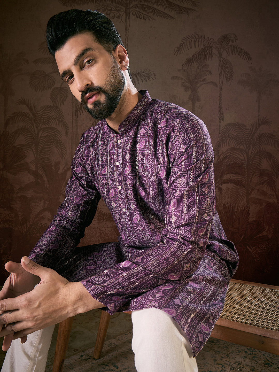Ethnic Bay Men Purple Silk Blend Ethnic Motifs Printed Straight Kurta With Trouser