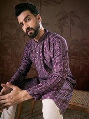 Ethnic Bay Men Purple Silk Blend Ethnic Motifs Printed Straight Kurta With Trouser-MKSET1950