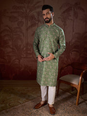 Ethnic Bay Men Green Silk Blend Ethnic Motifs Printed Straight Kurta With Trouser-MKSET1951