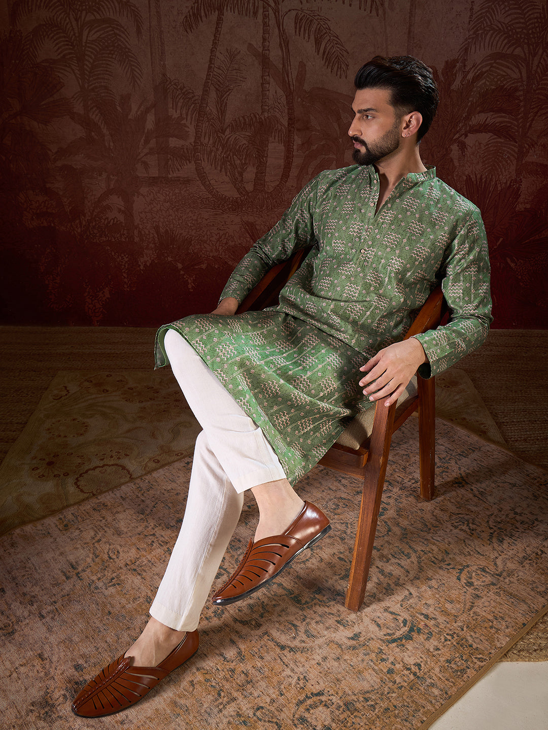 Ethnic Bay Men Green Silk Blend Ethnic Motifs Printed Straight Kurta With Trouser