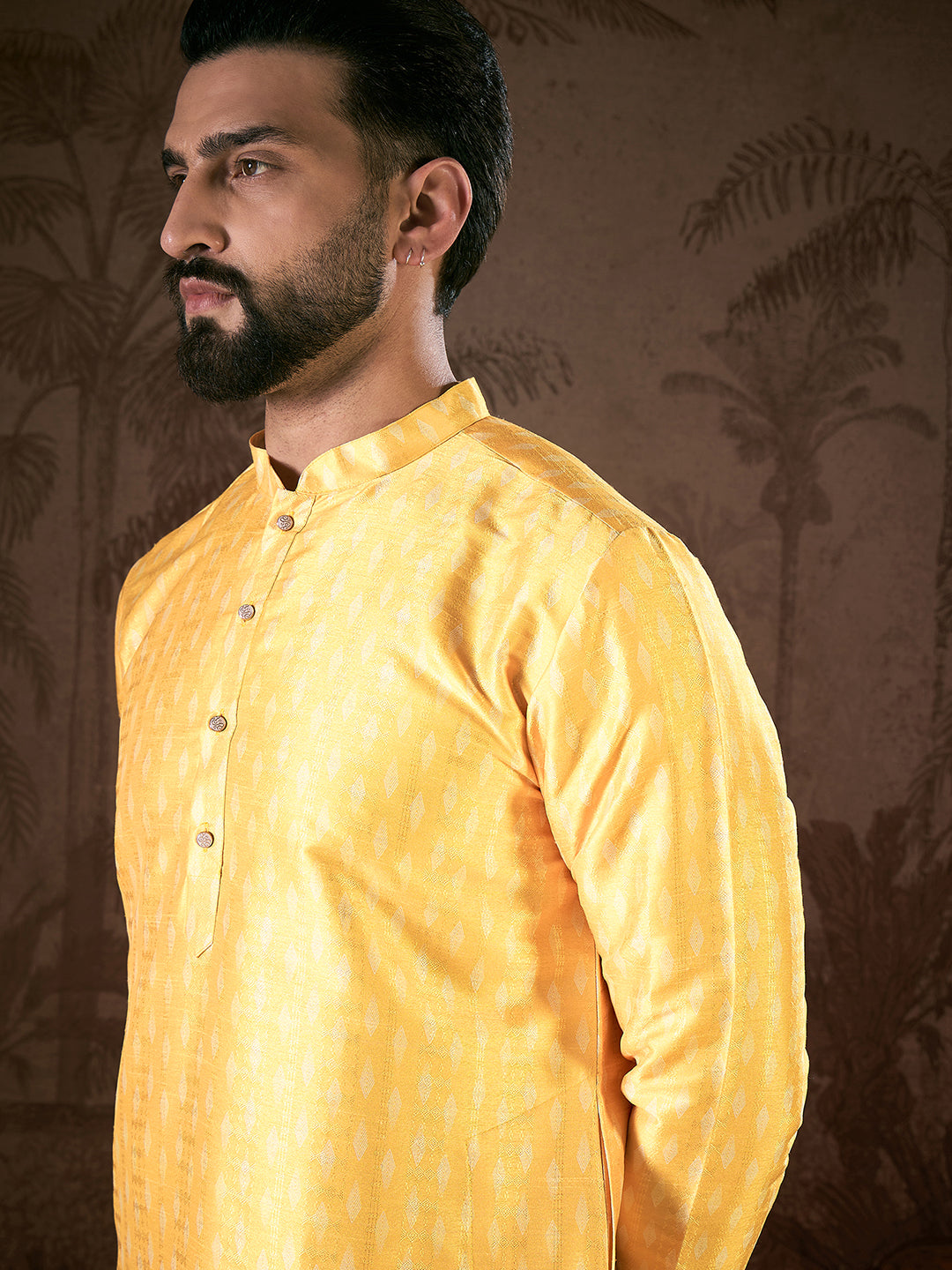 Ethnic Bay Men Yellow Silk Blend Ethnic Motifs Printed Straight Kurta With Trouser