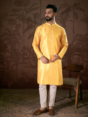 Ethnic Bay Men Yellow Silk Blend Ethnic Motifs Printed Straight Kurta With Trouser-MKSET1952