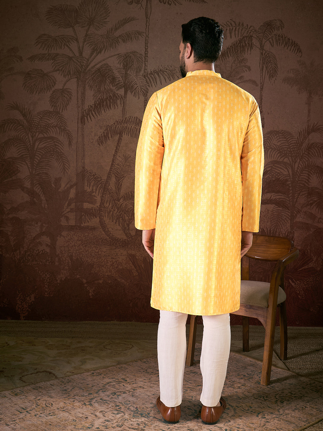 Ethnic Bay Men Yellow Silk Blend Ethnic Motifs Printed Straight Kurta With Trouser
