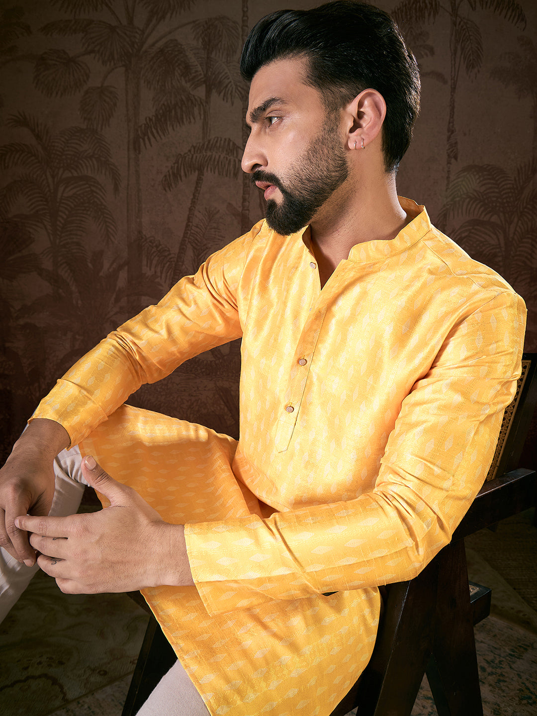 Ethnic Bay Men Yellow Silk Blend Ethnic Motifs Printed Straight Kurta With Trouser