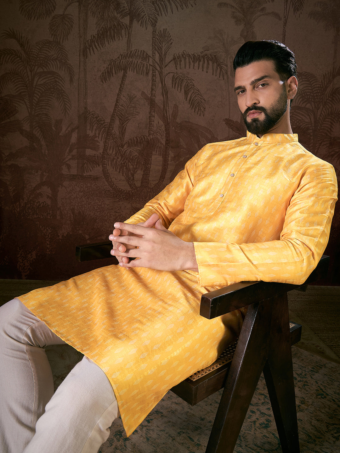 Ethnic Bay Men Yellow Silk Blend Ethnic Motifs Printed Straight Kurta With Trouser