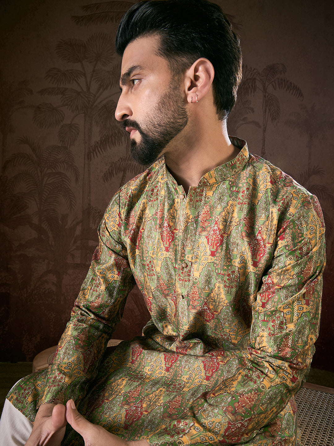 Ethnic Bay Men Green Silk Blend Floral Printed Straight Kurta With Trouser
