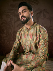 Ethnic Bay Men Green Silk Blend Floral Printed Straight Kurta With Trouser-MKSET1953