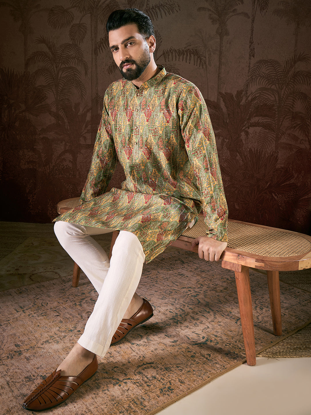 Ethnic Bay Men Green Silk Blend Floral Printed Straight Kurta With Trouser