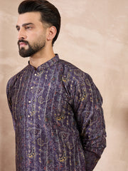 Ethnic Bay Men Violet Silk Blend Ethnic Motifs Printed Straight Kurta With Trouser-MKSET1954