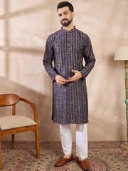 Ethnic Bay Men Violet Silk Blend Ethnic Motifs Printed Straight Kurta With Trouser-MKSET1954