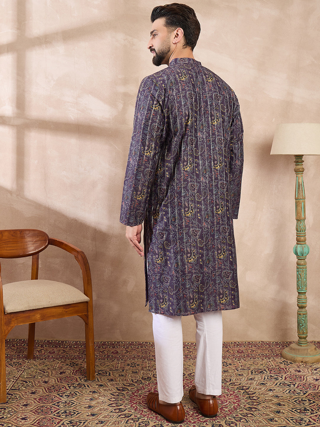 Ethnic Bay Men Violet Silk Blend Ethnic Motifs Printed Straight Kurta With Trouser