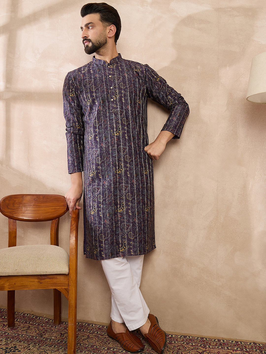 Ethnic Bay Men Violet Silk Blend Ethnic Motifs Printed Straight Kurta With Trouser