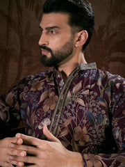 Ethnic Bay Men Purple Silk Blend Floral Printed Straight Kurta With Trouser-MKSET1957