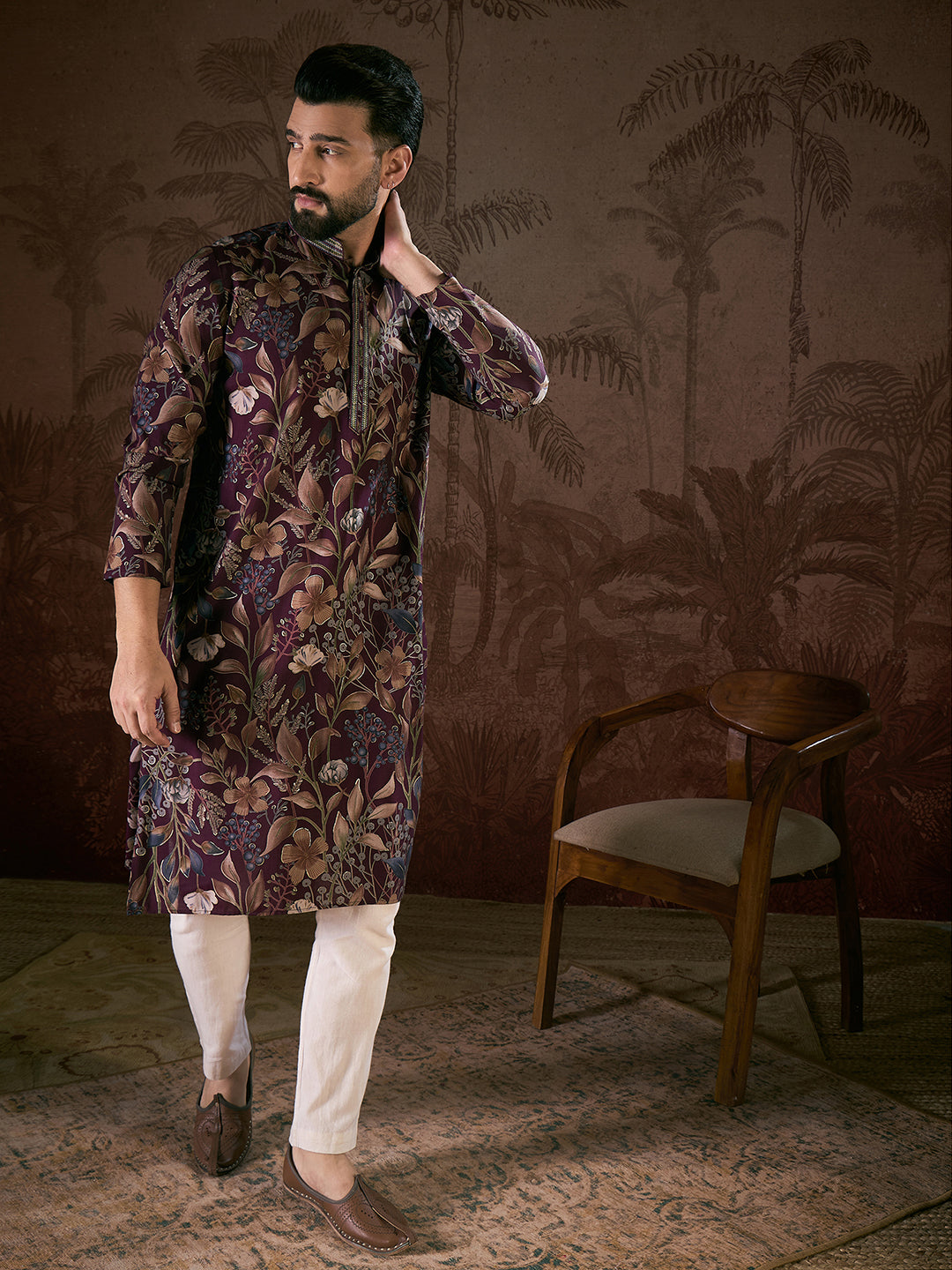 Ethnic Bay Men Purple Silk Blend Floral Printed Straight Kurta With Trouser