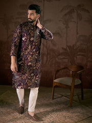 Ethnic Bay Men Purple Silk Blend Floral Printed Straight Kurta With Trouser-MKSET1957