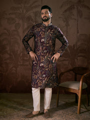 Ethnic Bay Men Purple Silk Blend Floral Printed Straight Kurta With Trouser-MKSET1957