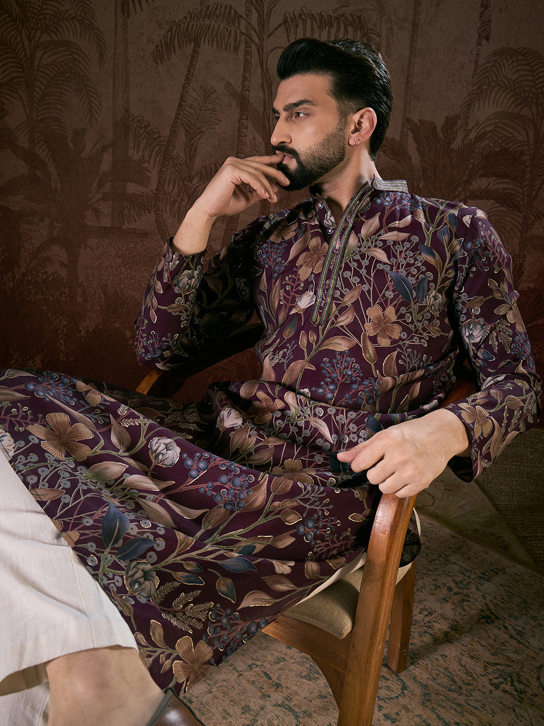 Ethnic Bay Men Purple Silk Blend Floral Printed Straight Kurta With Trouser
